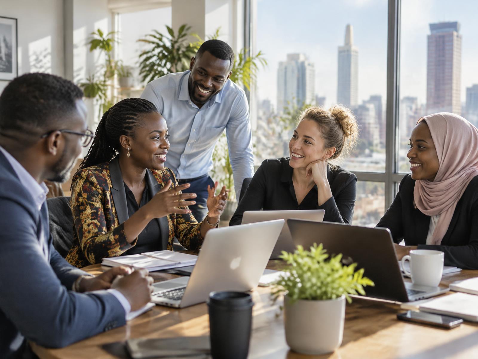 Professionals from different backgrounds talking around a table in a bright office